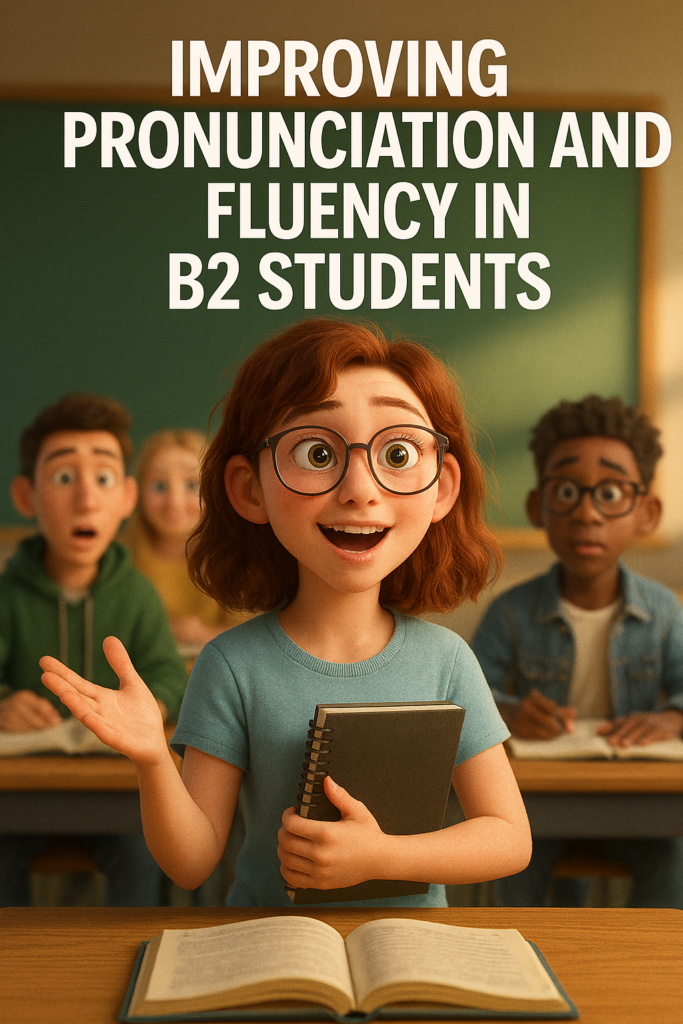 Adolescentes en clase de inglés B2 practicando pronunciación con confianza y seguridad,