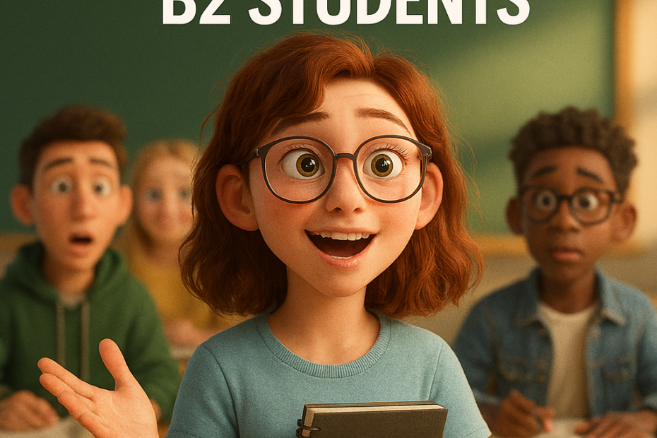 Adolescentes en clase de inglés B2 practicando pronunciación con confianza y seguridad,