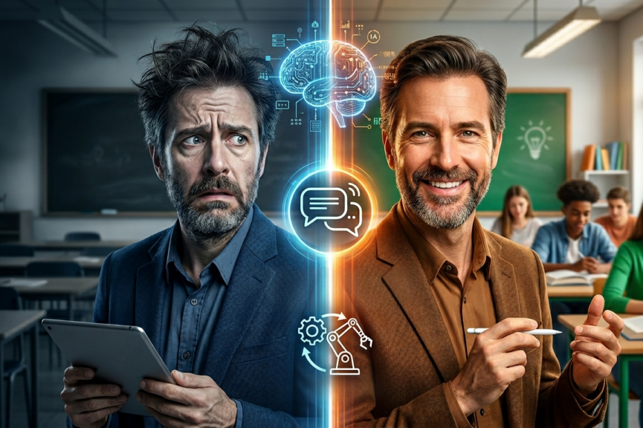 Profesor de inglés reflexionando sobre el uso de inteligencia artificial en educación con emociones de duda y curiosidad.
