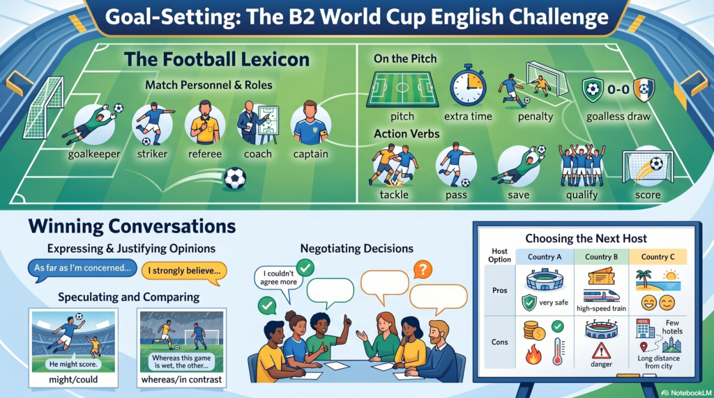 Profesor de inglés utilizando Inteligencia Artificial para crear una clase dinámica sobre el Mundial de Fútbol para alumnos B2 Cambridge.