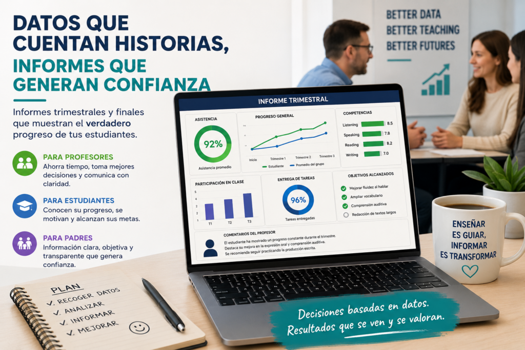 Profesor de academia de inglés analizando datos de progreso académico para generar informes trimestrales y finales para padres.