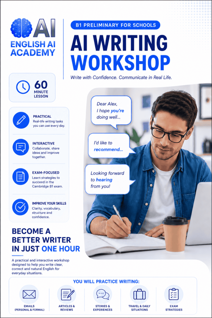 Young man participating in AI writing workshop at English AI Academy.